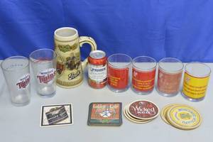 Box of Misc Glasswear of various Beers and coasters