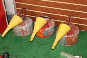 lot 1145 image: Lot of (3) Metal Gas Cans, Funnels