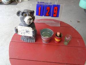 Resin bear, small shell tin can & small coca cola glass. As shown.