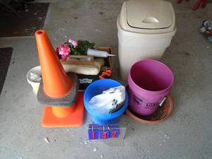 All items as shown. Garbage can, cones, pails, etc.
