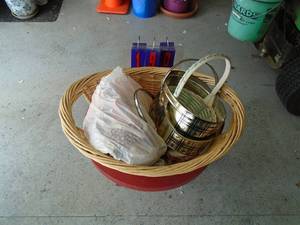 Wicker basket with contents. As shown.