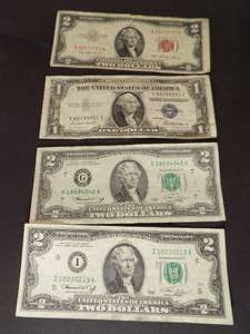 1 - Silver Certificate, 1 - $2 Red Seal, 2 - $2 Green Seal