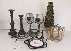 lot 104 image: Stunning Home Decor- Topiary Tree, Wonderful Wire Decor, Oversized Candlesticks