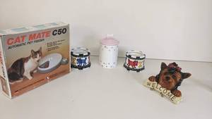 lot 105 image: Pet Lovers Collection- Custom Dog Bowls and Dog Biscuit Jar, Yorkshire Terrier Welcome Sign, C50 Cat Mate Automatic Pet Feeder