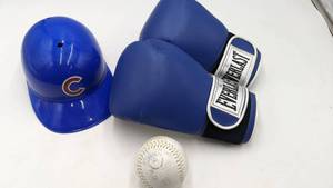 lot 113 image: Baseball and Boxing Set- Chicago Cubs Baseball Helmet, Vintage Baseball Game Ball, Size 14 Everlast Boxing Gloves