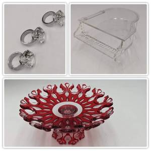 lot 106 image: Stunning Serving Collection- (6)Diamond Ring Napkin Rings  Plexiglass Grand Piano Box  Vintage Ruby Red Flash Glass Cake Stand
