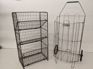 lot 150 image: Rare Vintage 1940s Folding Wire-Work Vegetable Rack and Vintage Folding Wire Shopping Cart