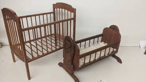 lot 115 image: Vintage Wooden Doll Crib and Rocker