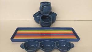 lot 180 image: Beautiful Blue Ceramic Floral Centerpiece Planter - BlueRainbow Tapas Serving tray and Blue CondimentNut server