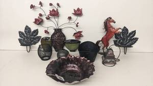 lot 187 image: Stunning Home Decor- Hand-Crafted Metal Wall Hangings, Maple Leaf Candle Holders, Metal Candle Holder, Raku Ceramic Vase,Glass Bowl And More