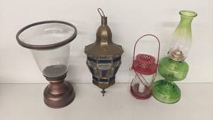 lot 201 image: 4 Gorgeous Vintage Lamps & Lanterns- Early American Kerosene Lamp, Stained Glass Lantern, Red Metal Candle Holder Lantern, & Large Glass & Brass Candle Holder