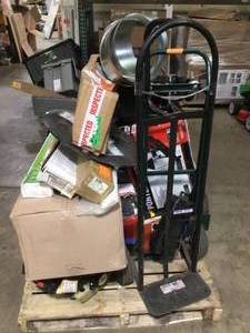 Mix lot of assorted tools (air compressor, (2) 2 wheel carts, Pipe, 2 cases of flooring, Toro Lawn Mower, Tarp, and more (various conditions) review all pictures