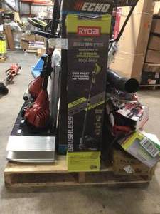 Mix lot of tools (7 weed trimmers, wheel holder, 2 small shelving racks, push lawn mower, cultivator) review all pictures
