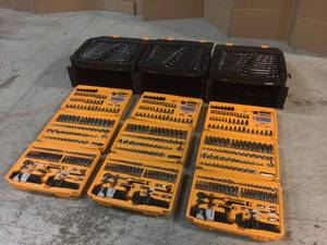 Lot of 3 Assorted 14 in. and 38 in. Drive 90-Tooth Standard and Deep SAEMetric Mechanics Tool Set in 3-Drawer Storage Box (232-Piece) by GEARWRENCH Customer Returns See Pictures