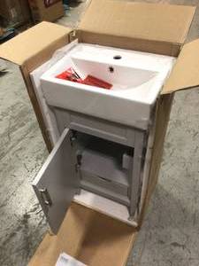 Arvesen 18 in. W x 12 in. D Vanity in Dove Grey with Ceramic Vanity Top in White with White Sink by Home Decorators Collection Customer Returns See Pictures