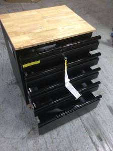 lot 106 image: Heavy Duty Welded 18-Gauge Steel 5-Drawer Garage Base Cabinet in Black (28 in. W x 32 in. H x 21.5 in. D) by Husky Customer Returns See Pictures
