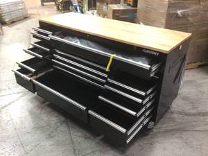 lot 115 image: 72 in. W x 24 in. D Standard Duty 18-Drawer Mobile Workbench Tool Chest with Solid Wood Top in Gloss Black by Husky Customer Returns See Pictures
