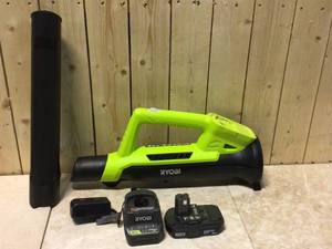 lot 31 image: RYOBI ONE 18V 90 MPH 200 CFM Cordless Battery Leaf BlowerSweeper with 2.0 Ah Battery and Charger