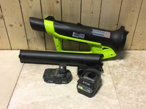 lot 33 image: RYOBI ONE 18V 90 MPH 200 CFM Cordless Battery Leaf BlowerSweeper with 2.0 Ah Battery and Charger