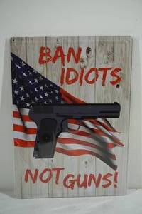 lot 75 image: NEW Novelty Ban Idiots Not Gun Metal Sign