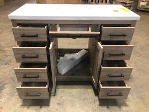 Glacier Bay Pittsford 48 in. W x 21 in. D Vanity in Aged Grey with Ceramic Vanity Top in White with White Basin (has a broken handle) please review all pictures