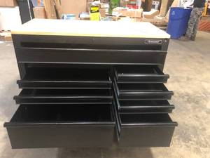 Husky Heavy-Duty 52 in. W 9-Drawer, Deep Tool Chest Mobile Workbench in Matte Black with Adjustable-Height Hardwood Top (includes keys) item does have scratches,dents and has damage by one of the wheels please review pictures