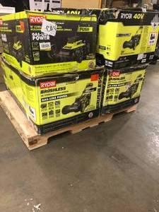 Pallet of 4 assorted Ryobi Cordless Lawn Mowers (open boxes) may not include additional items like batteries and chargers please review pictures