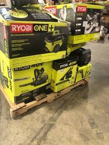 Mixed Pallet of assorted Ryobi outdoor tools (backpack blower, vacuums, miter saw) please review pictures