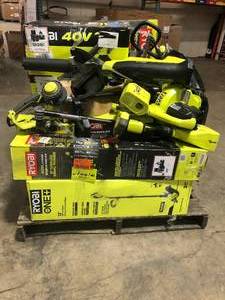 Mix Pallet of assorted ryobi tools (cultivator, blowers, sweepers, chainsaws, hedge trimmer) open boxes please review all pictures