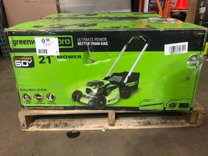 Lot of 2 Greenworks PRO 21 in. 60V Battery Cordless Push Lawn Mower with Battery and Charger (In total their is 3 batteries & 2 chargers) review all pictures