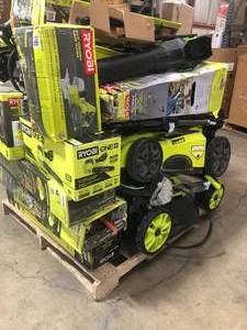 Lot of assorted Ryobi Tools (electric pressure washer, cordless chain saw, cordless mowers, and hedge trimmers) open boxes review all pictures