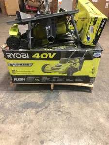 Pallet of assorted Ryobi tools (lawn mower, tile saw, chain saw, pressure washer etc.) review all pictures