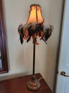 lot 103 image: Candlestick Table Lamp with Feathered Trim Shade