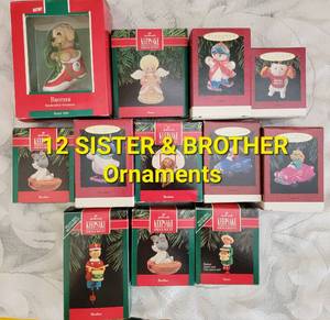 lot 256 image: Vintage Hallmark SISTER & BROTHER Christmas Ornaments NOS