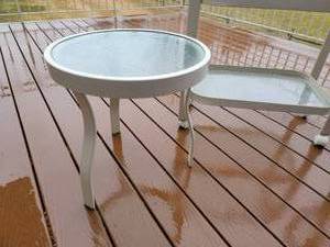 lot 8C image: White Enamel & Glass Patio Bar Cart plus 2 Side Tables