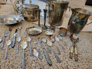 lot 176 image: Collection of Crystal and Silverplate Serving Pieces and Accessories