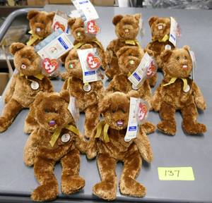 lot 137 image: 10 new with tags Beanie Babies - these bears are from the 2002 Olympics, each one has a nose of a different country flag
