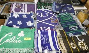 lot 153 image: 9 New Sports team fashion scarfs, measure 28 wide x 74 long