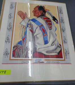 lot 178 image: New unopened poster of the Blackfeet Indian Chieftan for Great Northern RR, 1956 - Note all the hand signals along the sides - 19 wide x 23 tall