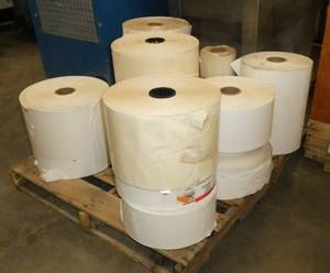 lot 202 image: Pallet full of large adhesive sheet rolls of paper, commercially printable