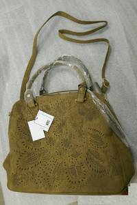 lot 237 image: New faux suede olive color purse with crossbody strap