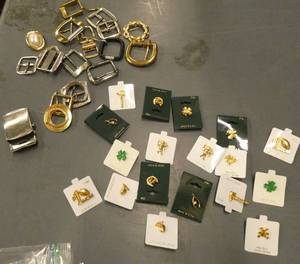 lot 244 image: Lot of new lapel pins, buckles, and 3 pair of ear rings for July 4th
