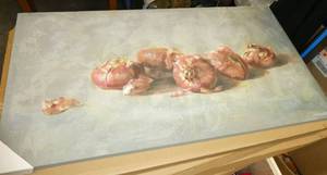 lot 251 image: Four New Onion pictures on canvas 35 wide x 19 tall