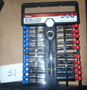 lot 162 image: 24 piece 14 deep socket set, metric and standard with ratchet, ratcheting screwdriver bit and socket set