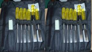 lot 135 image: 2 Sets of Wood Chisels - each set has 6 chisels, stone and storage bag
