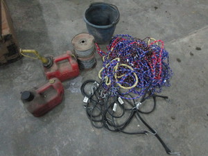 lot 120 image: Tarp Straps, Bungee Chord, Wire & Gas Jugs
