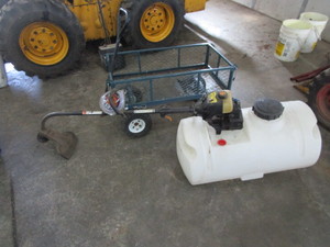 lot 145 image: Garden Cart, Weed Eater, Spray Tank