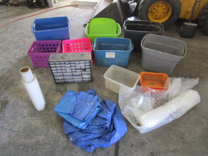 lot 146 image: Totes, Parts Organizer wContents, Tarps & Plastic