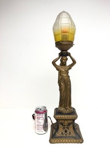 lot 13 image: Beautiful Antique Figural Maiden Lamp wOriginal Crackle Glass Shade