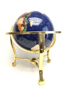 lot 17 image: Large Inlaid Gemstone World Globe wBrass Base 